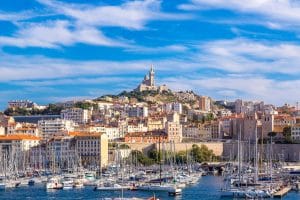 Notre Dame de la Garde and olf port in Marseille, France