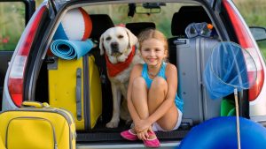 voiture chargée vacances petite fille chien