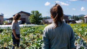 Deux agricultrices de dos, debout au milieu de leur champ, regardent à l'horizon